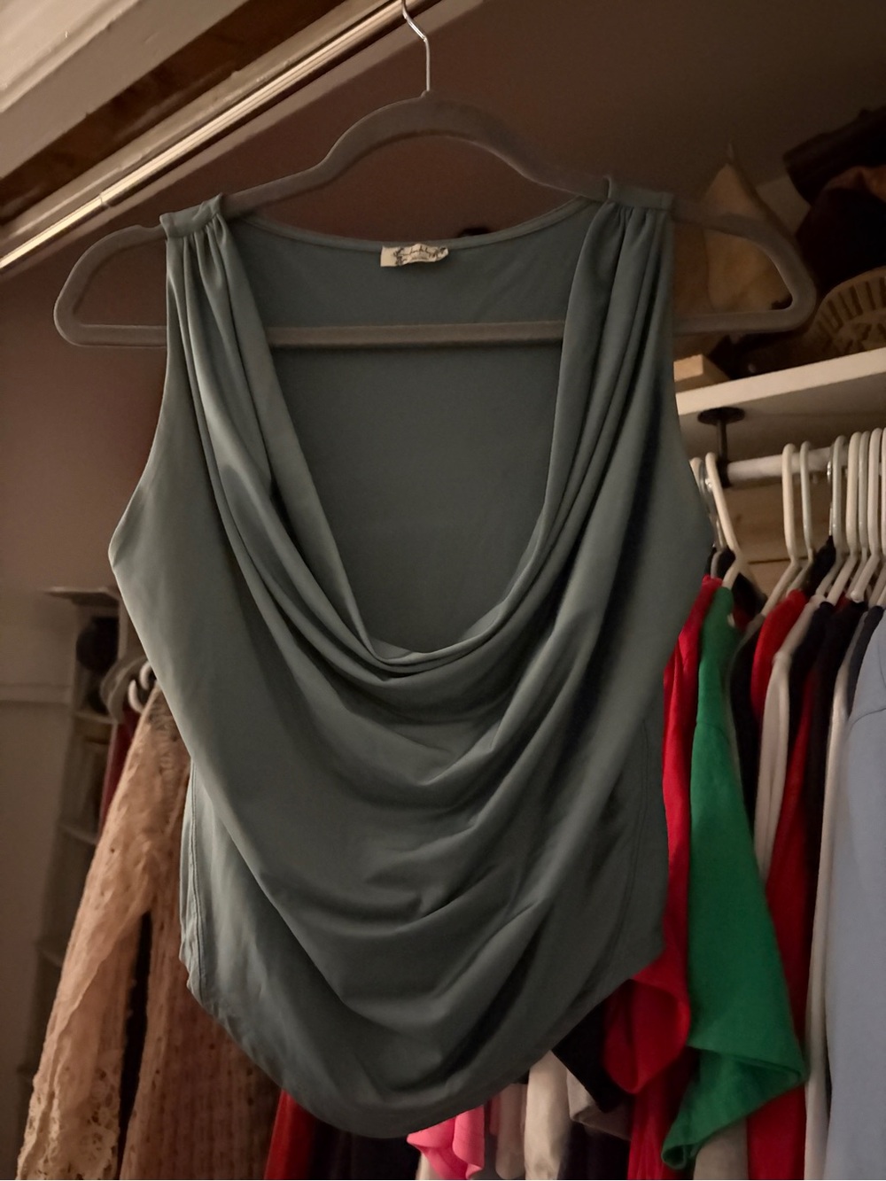 Draped Cowl Neck Sleeveless Top - Slate Green